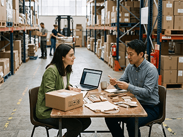 A small e-commerce importer reviewing product samples with a factory representative in a warehouse