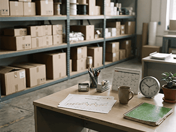 A planner's desk with a forecast chart, calendar and stacked inventory boxes