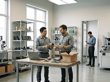 A buyer and a supplier examining a product sample in a factory, with a middleman standing in the background