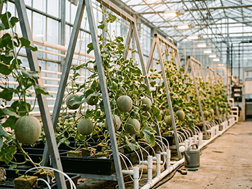 Rows of green melons growing under grow-lights in a modern indoor hydroponic greenhouse