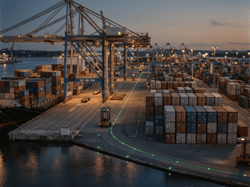 A container port at dusk with cranes and a cargo ship, one lane lit as a recovering supply route
